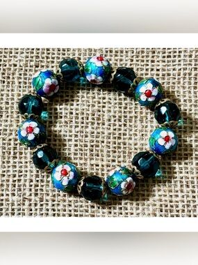 Hand Painted Floral Plastic Bead Stretch Bracelet Cloisonne Style Aqua Blue Teal